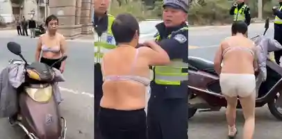 广东汕头 交警拦查摩托车 泼妇脱衣服耍泼无赖成当地热搜